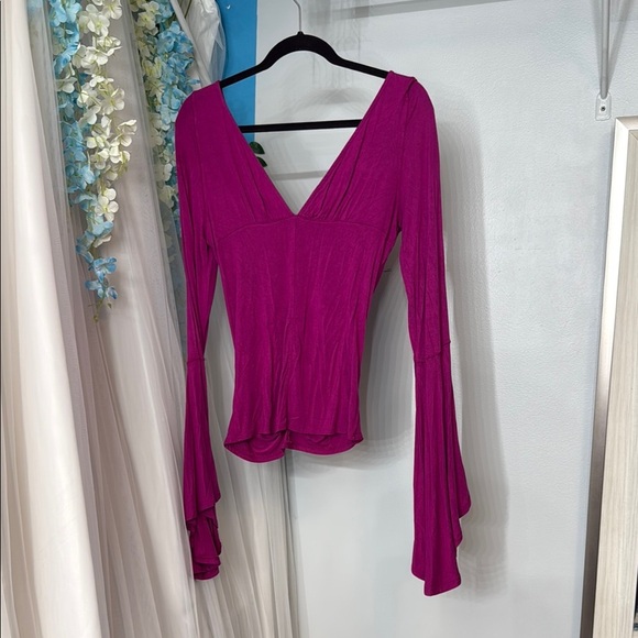 We The Free Pink Ruched Bell Sleeve Blouse free people - Picture 3 of 3